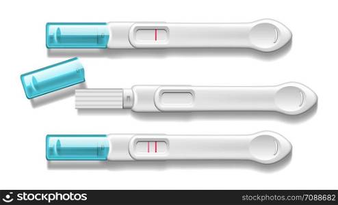 Plastic Pregnancy Test With Blue Cap Set Vector. Device Allowing Urinoscopy And Determine Signs Of Pregnancy Woman At Early Stage. Positive Negative Result Red Lines. Realistic 3d Illustration. Plastic Pregnancy Test With Blue Cap Set Vector