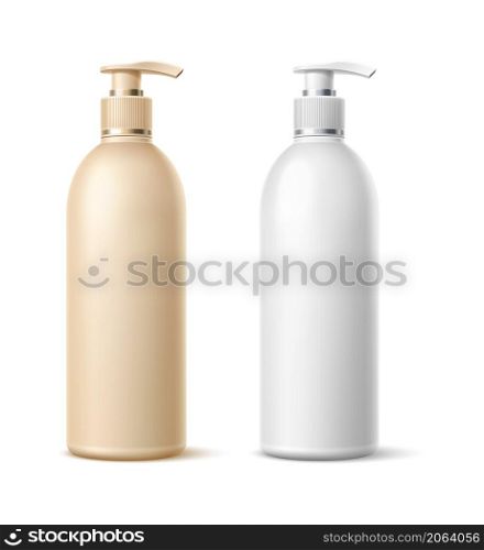 Plastic pump bottle with riffle lid. Realistic blank mockup isolated on white background. Plastic pump bottle with riffle lid. Realistic blank mockup