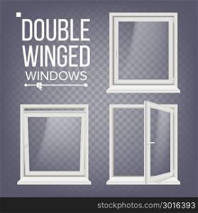Plastic PVC Window Vector. Double-Winged. Opened And Closed. Front View. Home Window Design Element. Isolated On Transparent Background Realistic Illustration. Plastic Window Vector. Double-Winged. White. PVC Windows. Plastic White Window Frame. Isolated On Transparent Background Realistic Illustration