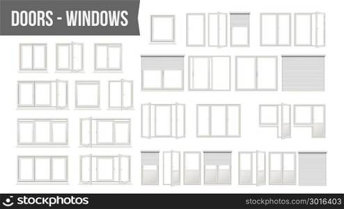 Plastic PVC Windows Doors Set Vector. Different Types. Roller Blind Shutters. Opened And Closed. Front View. Home Design Element. Isolated On White Background Realistic Illustration. Plastic PVC Windows Doors Set Vector. Different Types. Roller Blind Shutters. Opened And Closed. Front View. Home Design Element. Isolated White Realistic Illustration