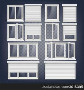 Plastic PVC Windows Set Vector. Different Types. Roller Blind. Opened And Closed. Front View. Home Window Design Element. Isolated On Transparent Background Realistic Illustration. PVC Window Vector. Rolling Shutters. Opened And Closed. Front View. Open Plastic Glass Window. Isolated On Transparent Background Realistic Illustration