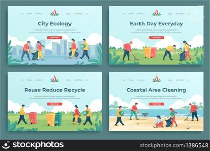 Plastic recycle landing page. Family characters collecting garbage and sorting trash, cleaning and saving environment. Vector image web pages cleaning different natural landscapes from garbage. Plastic recycle landing page. Family characters collecting garbage and sorting trash, cleaning and saving environment vector web pages