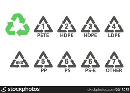 Plastic recycling identification signs and symbols. Waste sorting icons. Vector illustration. Plastic recycling identification signs and symbols. Waste sorting icons. Vector illustration.