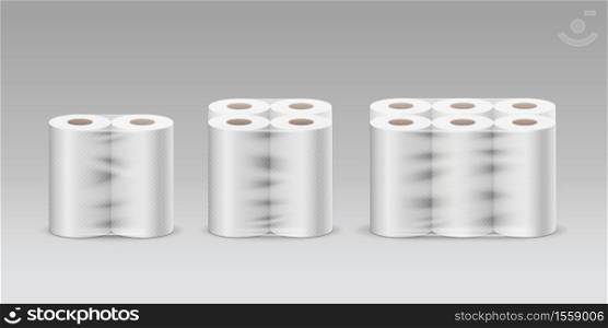 Plastic roll tissue paper long roll three product, two rolls, four rolls, six rolls, collection on gray background template design, vector illustration