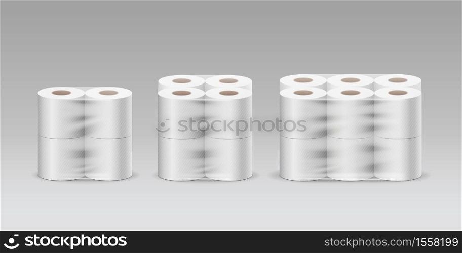 Plastic roll tissue paper three product, four rolls, eight rolls, twelve rolls, collection on gray background template design, vector illustration