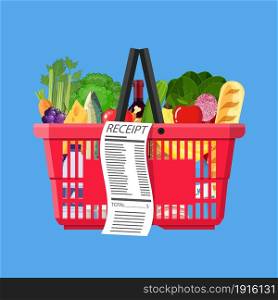 Plastic shopping basket full of groceries products and receipt. Grocery store. Supermarket. Fresh organic food and drinks. Vector illustration in flat style. Plastic shopping basket full of groceries products