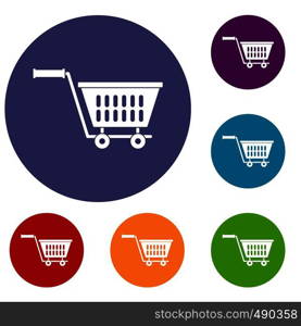Plastic shopping trolley icons set in flat circle red, blue and green color for web. Plastic shopping trolley icons set