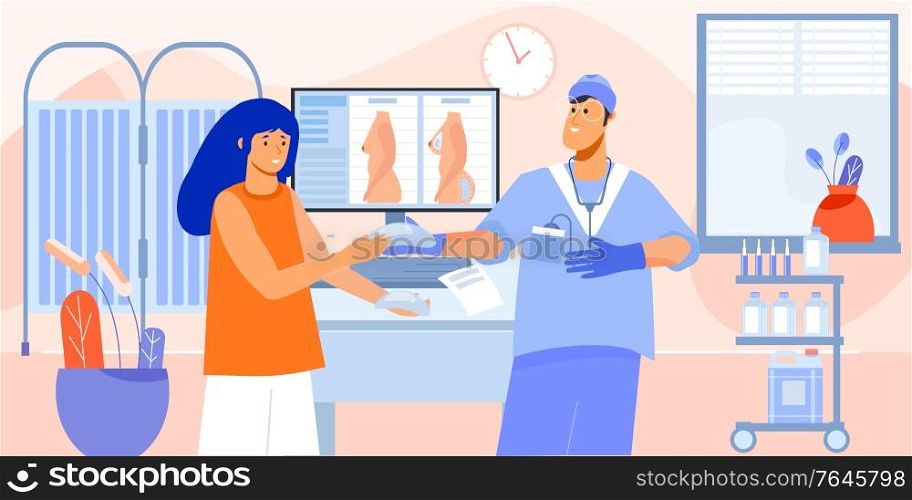 Plastic surgeon consultation for breast enlarging surgery with doctor showing patient implants in his office vector illustration