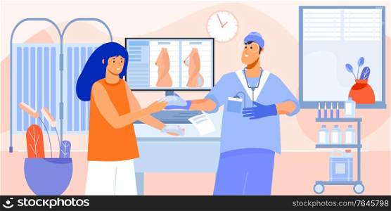 Plastic surgeon consultation for breast enlarging surgery with doctor showing patient implants in his office vector illustration
