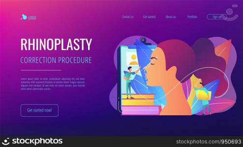 Plastic surgeon correcting the form of the woman nose for rhinoplasty. Rhinoplasty, nose correction procedure, surgical rhinoplasty concept. Website vibrant violet landing web page template.. Rhinoplasty concept landing page.