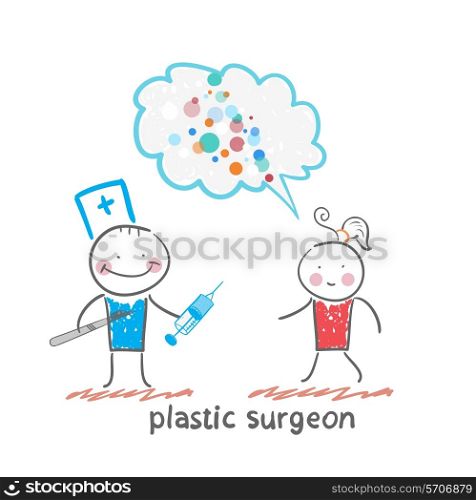 plastic surgeon holding a scalpel and syringe and listens to the patient