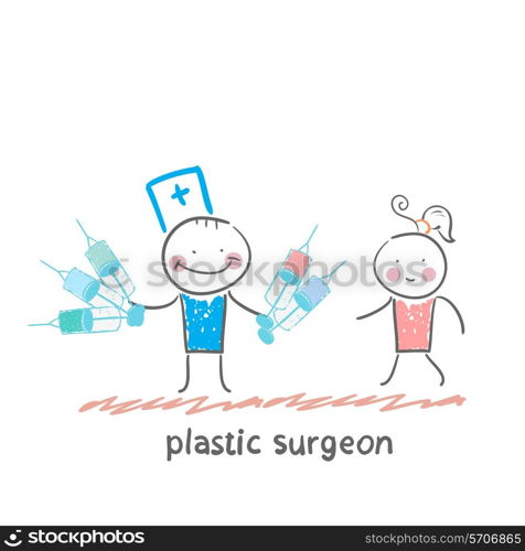 plastic surgeon holding syringe and stands next to the patient