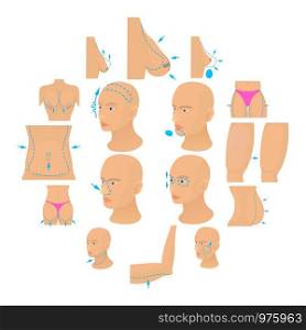 Plastic surgeon icons set body. Cartoon illustration of 16 plastic surgeon body vector icons for web. Plastic surgeon icons set body, cartoon style
