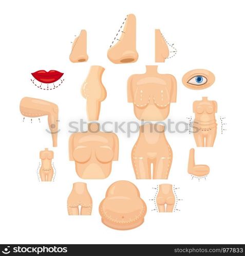 Plastic surgeon icons set. Cartoon illustration of 16 plastic surgeon vector icons for web. Plastic surgeon icons set, cartoon style