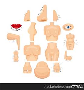 Plastic surgeon icons set. Cartoon illustration of 16 plastic surgeon vector icons for web. Plastic surgeon icons set, cartoon style
