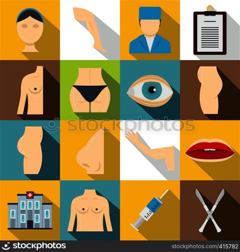 Plastic surgeon icons set. Flat illustration of 16 plastic surgeon vector icons for web. Plastic surgeon icons set, flat style