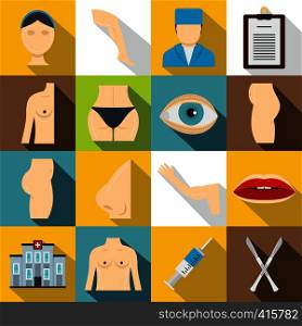 Plastic surgeon icons set. Flat illustration of 16 plastic surgeon vector icons for web. Plastic surgeon icons set, flat style