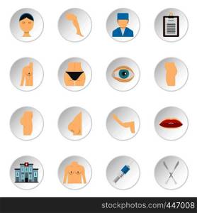 Plastic surgeon icons set in flat style isolated vector icons set illustration. Plastic surgeon icons set in flat style