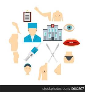 Plastic surgeon icons set in flat style isolated vector illustration. Plastic surgeon icons set in flat style