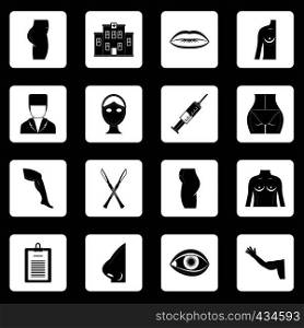 Plastic surgeon icons set in white squares on black background simple style vector illustration. Plastic surgeon icons set squares vector