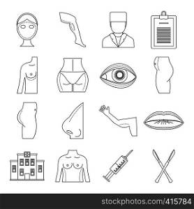 Plastic surgeon icons set. Outline illustration of 16 plastic surgeon vector icons for web. Plastic surgeon icons set, outline style