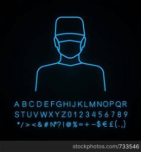 Plastic surgeon neon light icon. Doctor, therapist, general practitioner. Medical worker. Dentist. Glowing sign with alphabet, numbers and symbols. Vector isolated illustration. Plastic surgeon neon light icon