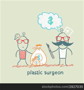 plastic surgeon thinks about money and takes a bag of money in the patient
