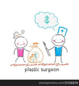 plastic surgeon thinks about money and takes a bag of money in the patient