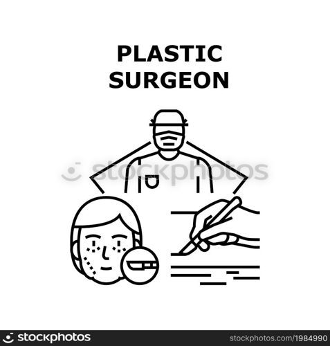 Plastic Surgeon Vector Icon Concept. Plastic Surgeon Medicine Beauty Treatment For Patient Rejuvenation. Hospital Doctor Professional Surgery Operation, Medical Cosmetology Black Illustration. Plastic Surgeon Vector Concept Black Illustration