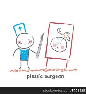 plastic surgeon with a scalpel gives a presentation about facial surgery