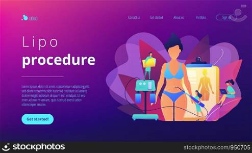 Plastic surgeon with a suction tube doing liposuction of woman marked body parts. Liposuction, lipo procedure, fat removal surgery concept. Website vibrant violet landing web page template.. Liposuction concept landing page.