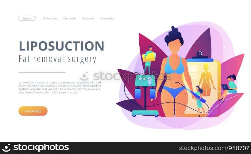 Plastic surgeon with a suction tube doing liposuction of woman marked body parts. Liposuction, lipo procedure, fat removal surgery concept. Website vibrant violet landing web page template.. Liposuction concept landing page.