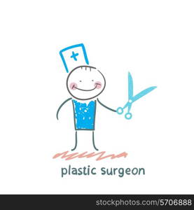 plastic surgeon with scissors. Fun cartoon style illustration. The situation of life.