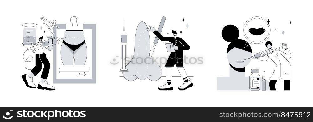 Plastic surgery abstract concept vector illustration set. Liposuction and rhinoplasty, lip injection, body contouring, beauty standard, weight loss, filler cosmetic, hyaluronic acid abstract metaphor.. Plastic surgery abstract concept vector illustrations.