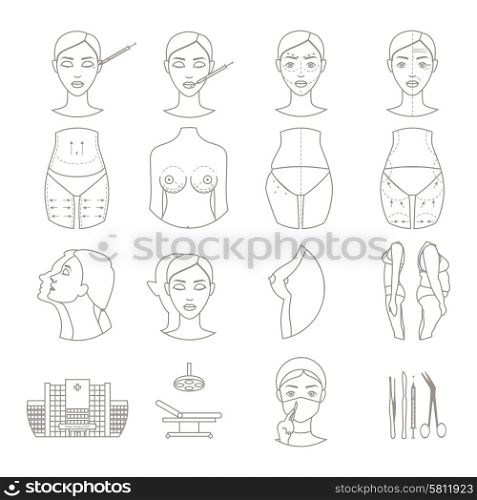 Plastic surgery and clinic with lifting plasty and liposuction sketch icons set flat isolated vector illustration . Plastic surgery sketch icons set