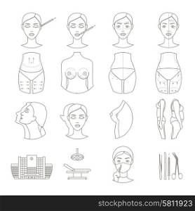 Plastic surgery and clinic with lifting plasty and liposuction sketch icons set flat isolated vector illustration . Plastic surgery sketch icons set