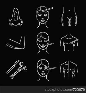 Plastic surgery chalk icons set. Rhinoplasty, facelift, arm lift, cheek surgery, coolsculpting, scalpel and clamp, thigh plastic, blepharoplasty. Isolated vector chalkboard illustrations. Plastic surgery chalk icons set