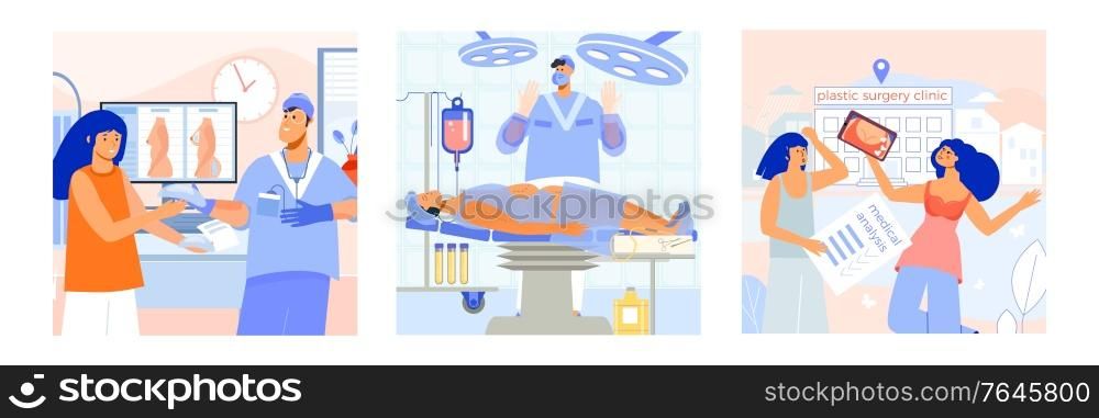 Plastic surgery clinic treatments 3 flat square composition with breast implants consultation appointment liposuction operation vector illustration