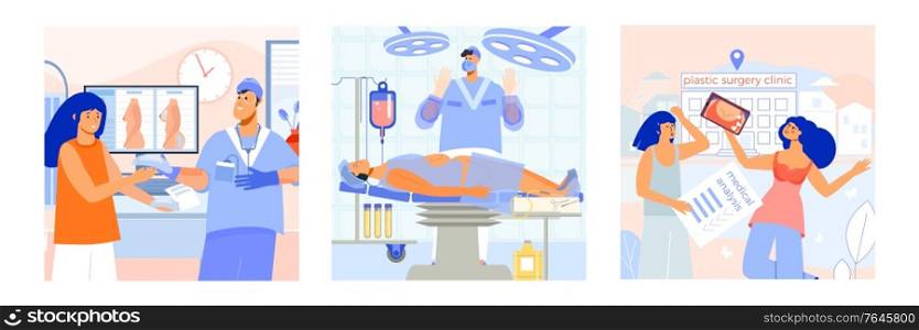 Plastic surgery clinic treatments 3 flat square composition with breast implants consultation appointment liposuction operation vector illustration