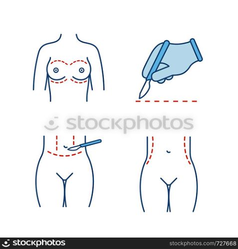 Plastic surgery color icons set. Breast augmentation, surgical scalpel incision, tummy tuck plastic, waist correction. Isolated vector illustrations. Plastic surgery color icons set