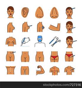 Plastic surgery color icons set. Facial surgery. Face and body surgical lifting. Male and female body contouring and correction. Liposuction. Isolated vector illustrations. Plastic surgery color icons set