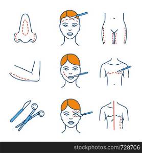 Plastic surgery color icons set. Rhinoplasty, facelift, arm lift, cheek surgery, coolsculpting, scalpel and clamp, thigh plastic, blepharoplasty. Isolated vector illustrations. Plastic surgery color icons set