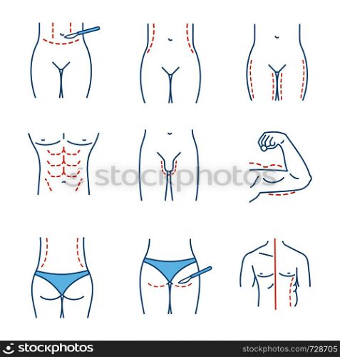 Plastic surgery color icons set. Tummy tuck, waist, thigh, buttock correction surgery, penis enlargement, coolsculpting, arm lifting. Isolated vector illustrations. Plastic surgery color icons set