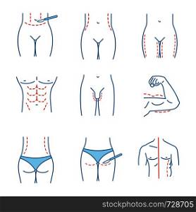 Plastic surgery color icons set. Tummy tuck, waist, thigh, buttock correction surgery, penis enlargement, coolsculpting, arm lifting. Isolated vector illustrations. Plastic surgery color icons set