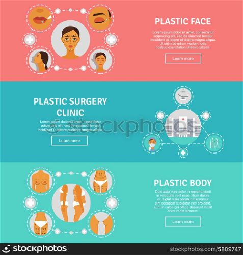 Plastic surgery concept horizontal banners set. Figure correction body lift and contouring plastic surgery clinic flat horizontal banners set abstract isolated vector illustration