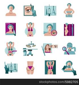 Plastic surgery flat icons set . Cosmetic facial and body lift plastic surgery flat icon collection with abdominal contouring abstract isolated vector illustration