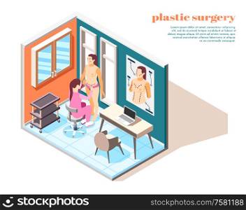 Plastic surgery isometric composition with woman consulting doctor before operation 3d vector illustration