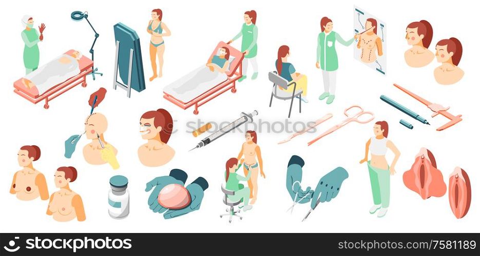 Plastic surgery isometric icons set with surgeons surgical instruments patients and corrected body parts isolated vector illustration