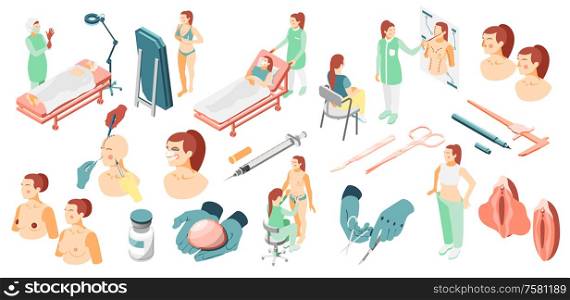 Plastic surgery isometric icons set with surgeons surgical instruments patients and corrected body parts isolated vector illustration