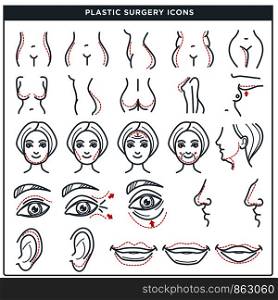 Plastic surgery line icons for woman body and face. Vector isolated set of woman beauty cosmetic operation for nose, eyes and lips, hips and breast for plastic surgery medical infographic. Plastic surgery vector line icons for woman body and face cosmetic operation